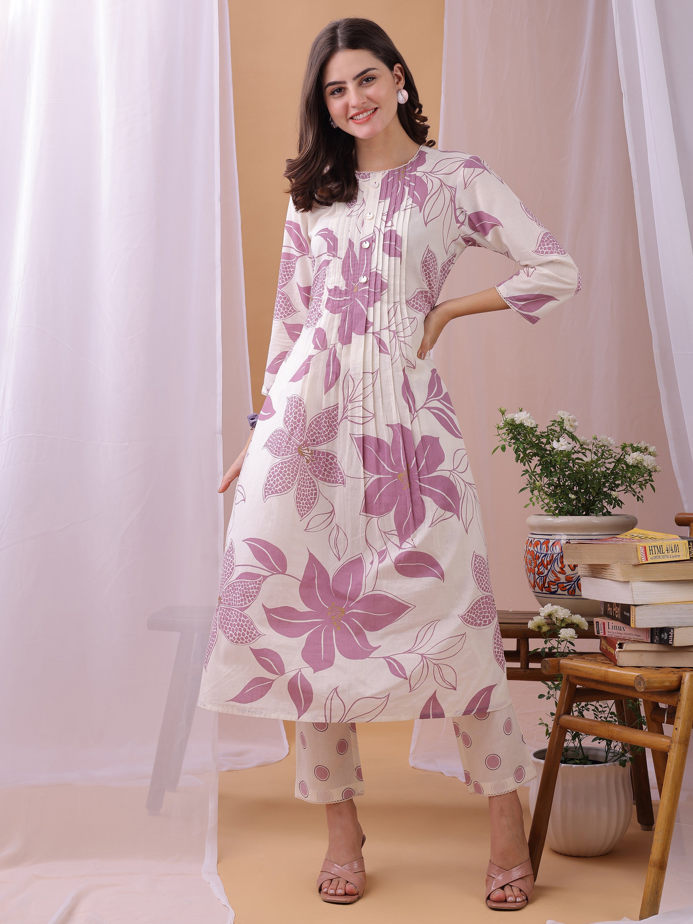 Lavender Pure Cambric Cotton Printed Floral A-line Kurta with Pant
