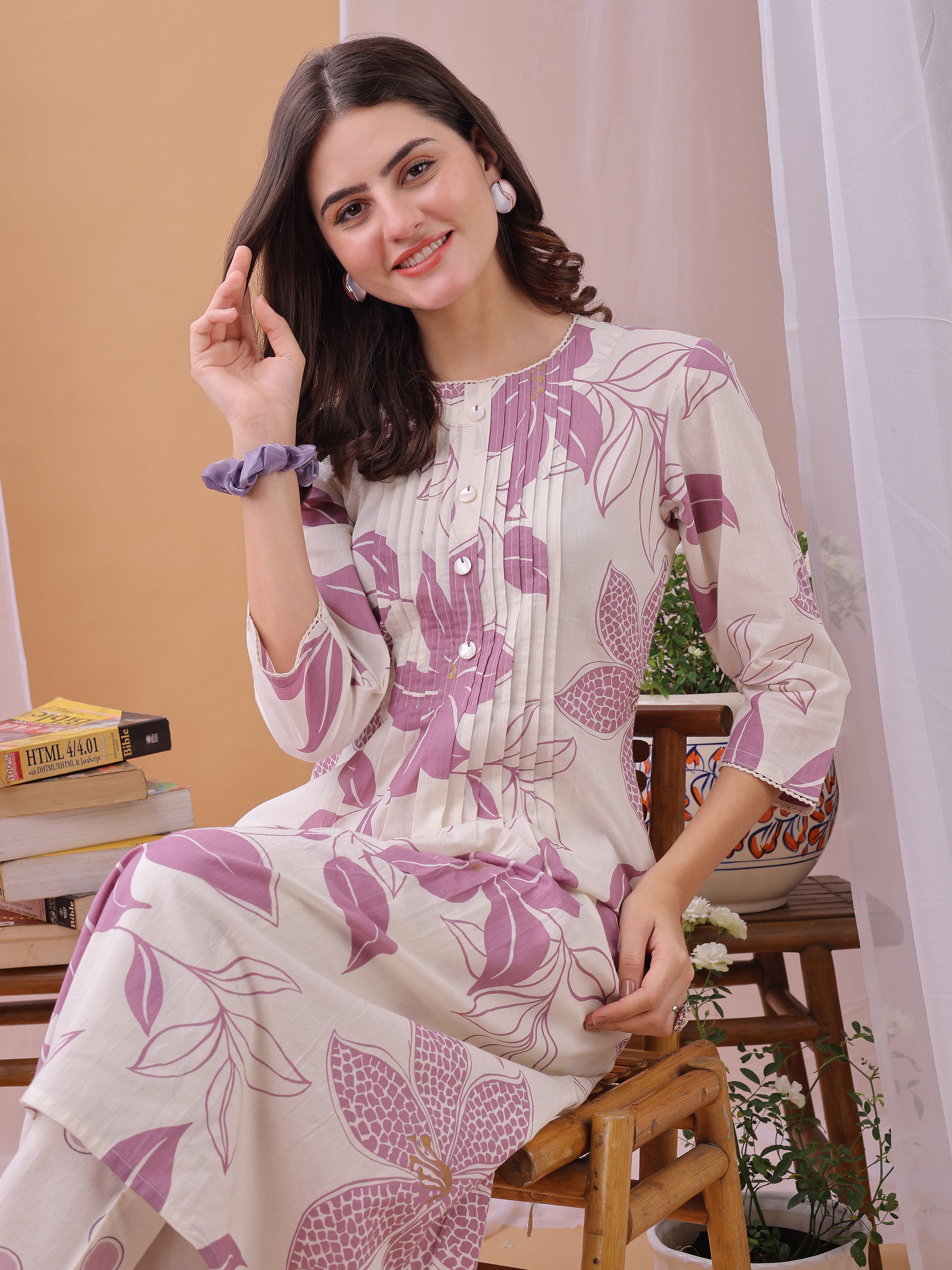Lavender Pure Cambric Cotton Printed Floral A-line Kurta with Pant