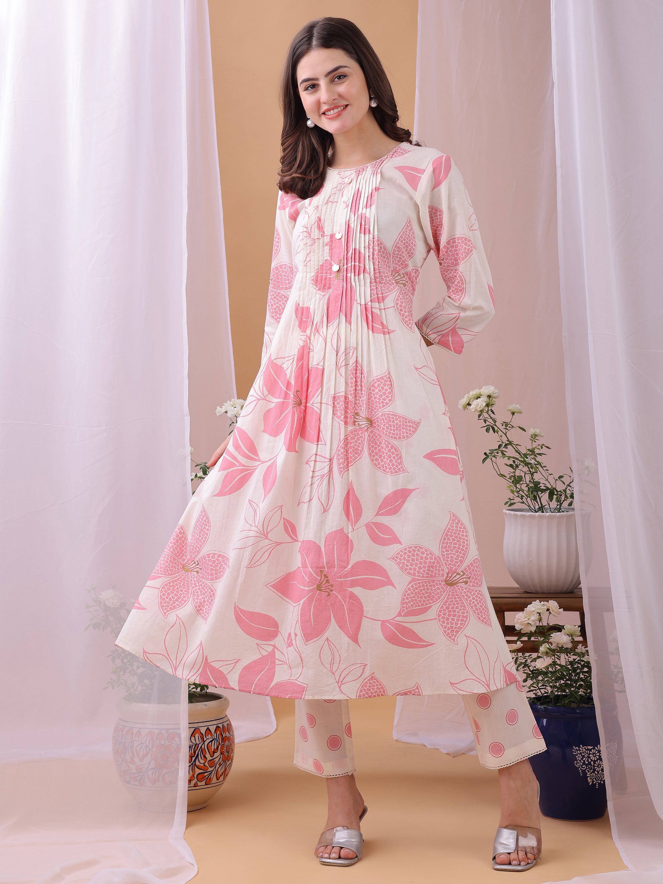 Pink Pure Cambric Cotton Printed Floral A-line Kurta with Pant