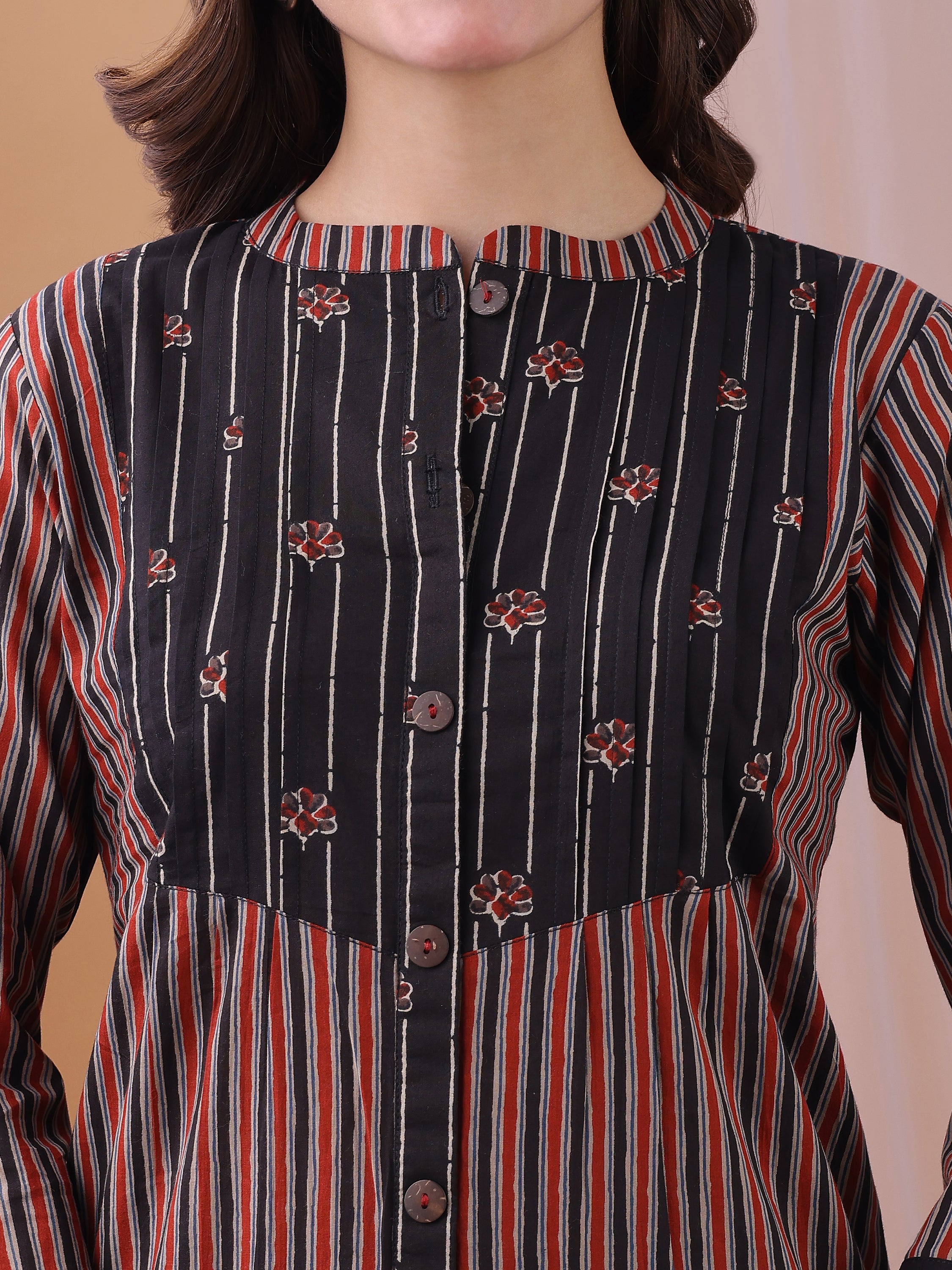 Black Pure Cambric Cotton Printed Striped Straight Kurta Kurta with Pant