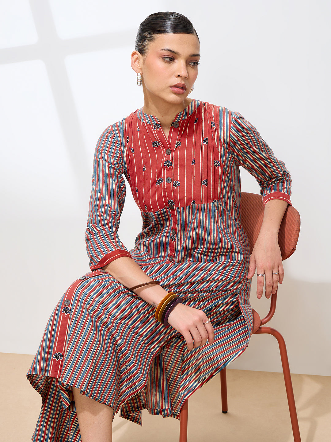 Light Blue Pure Cambric Cotton Printed Striped Straight Kurta Kurta with Pant