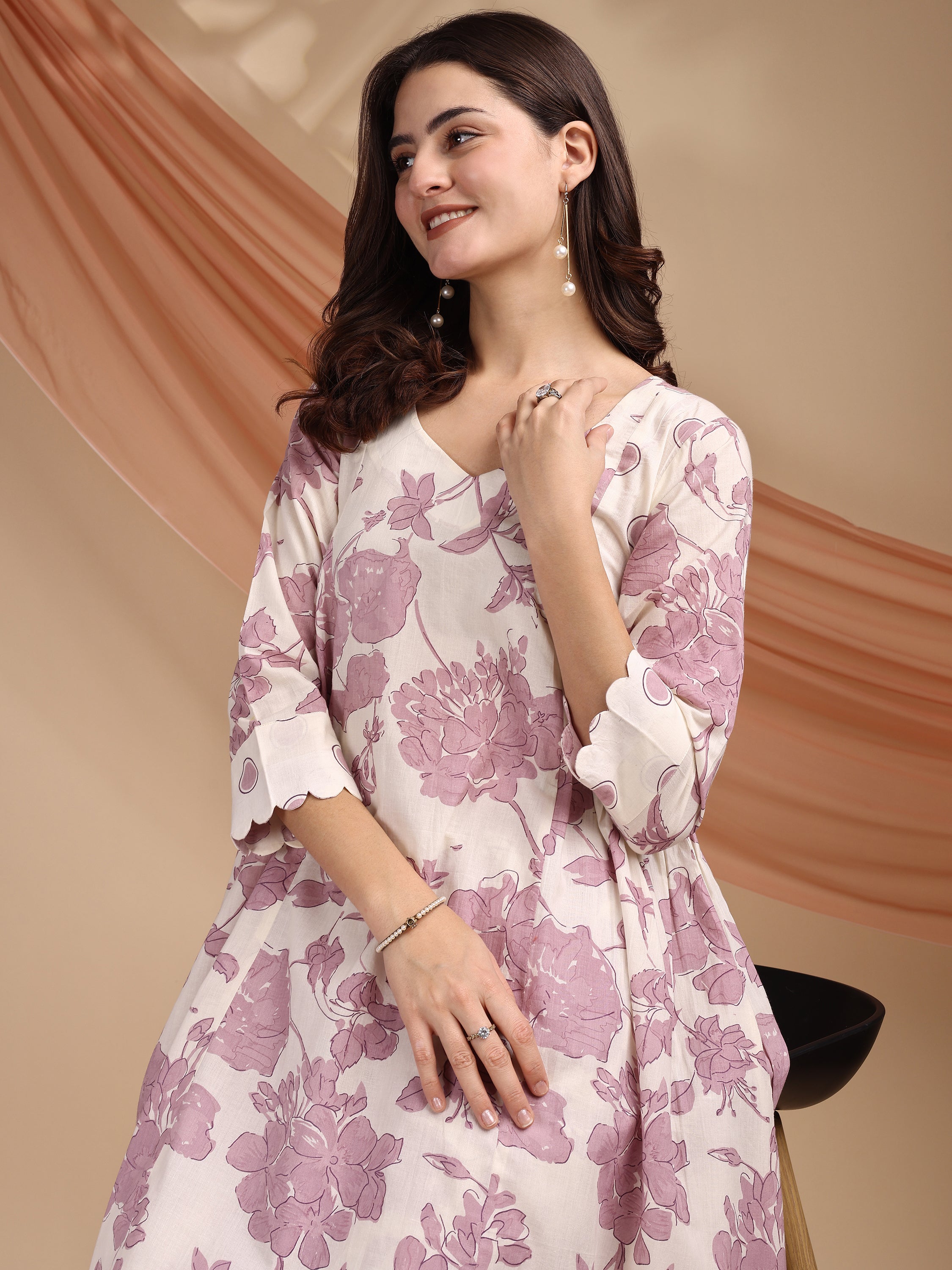 Purple Pure Cambric Cotton Printed Floral Straight Kurta Kurta with Pant