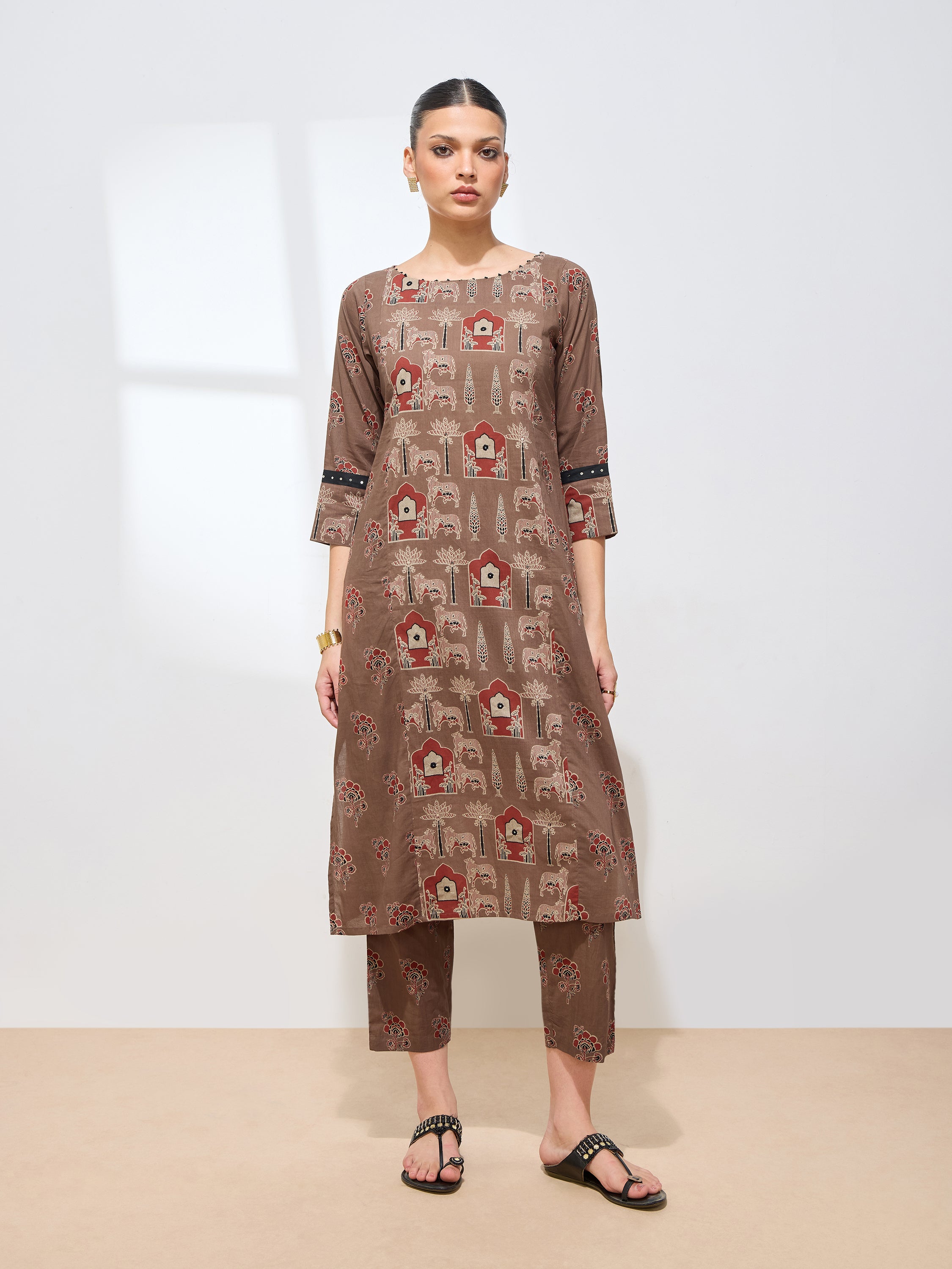Classic Brown Cotton Handwork Floral Straight Kurta Kurta with Pant
