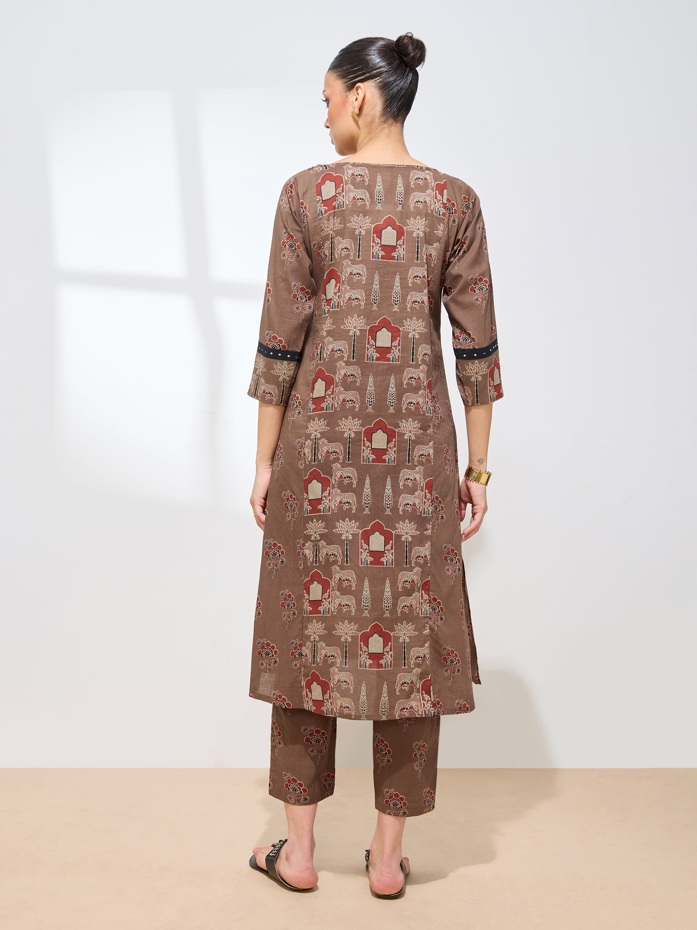 Classic Brown Cotton Handwork Floral Straight Kurta Kurta with Pant