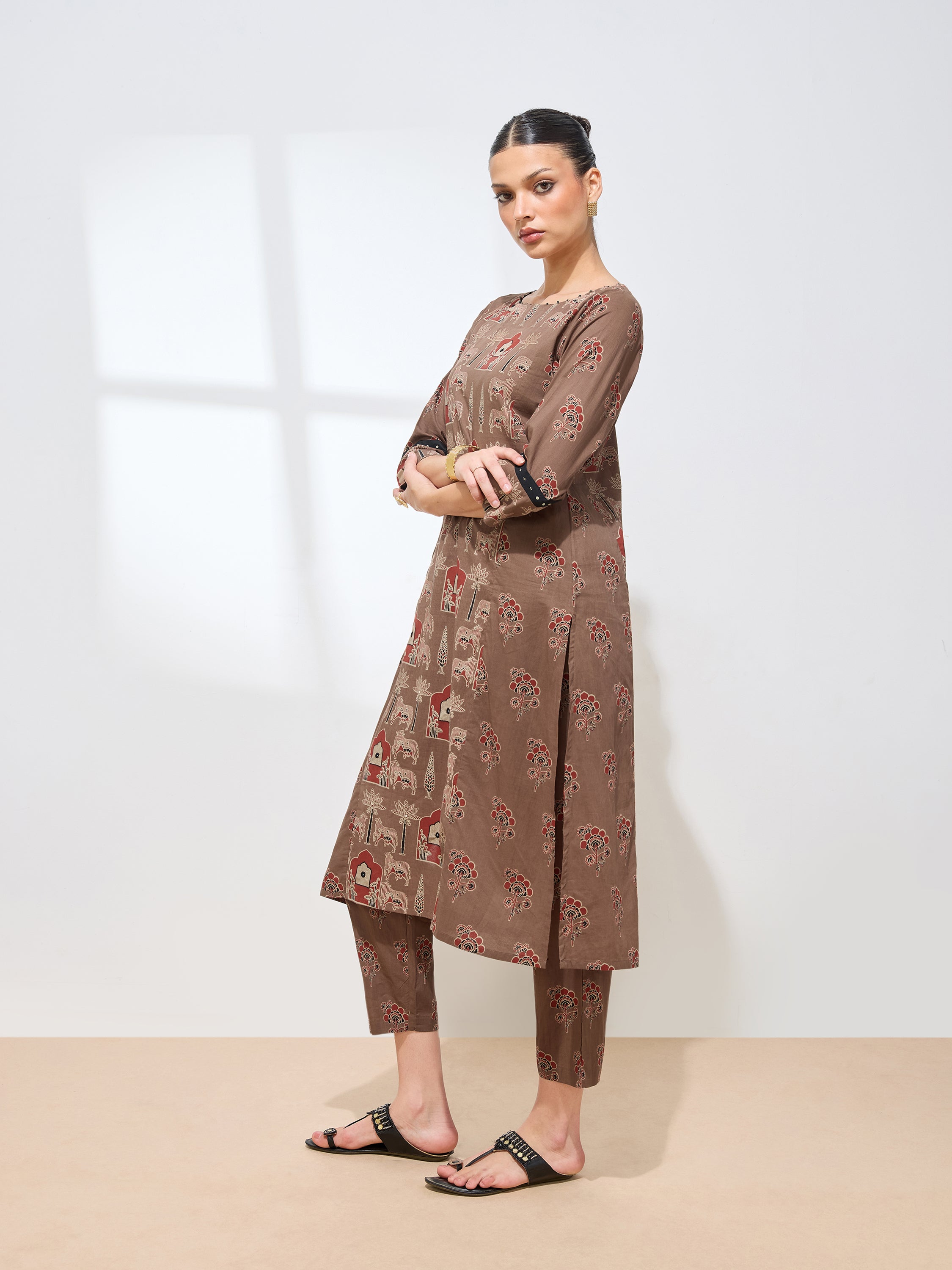 Classic Brown Cotton Handwork Floral Straight Kurta Kurta with Pant