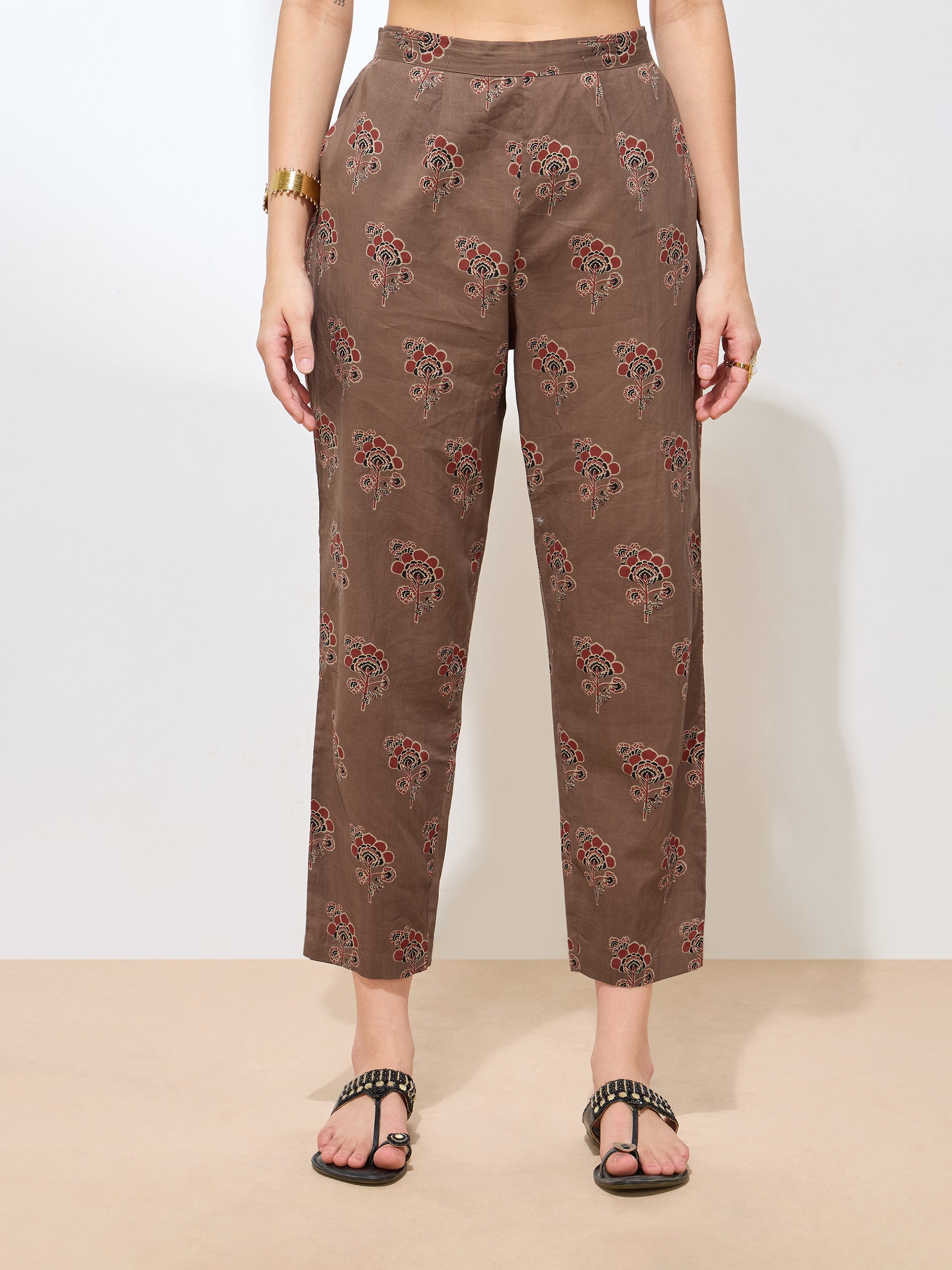 Classic Brown Cotton Handwork Floral Straight Kurta Kurta with Pant