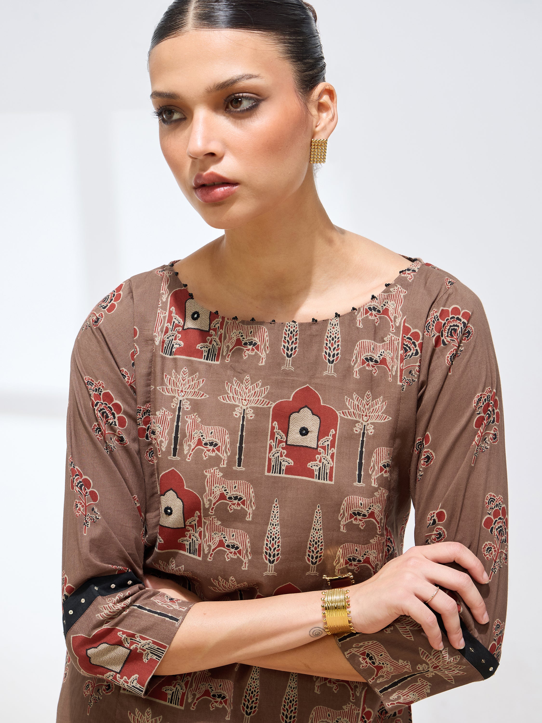 Classic Brown Cotton Handwork Floral Straight Kurta Kurta with Pant