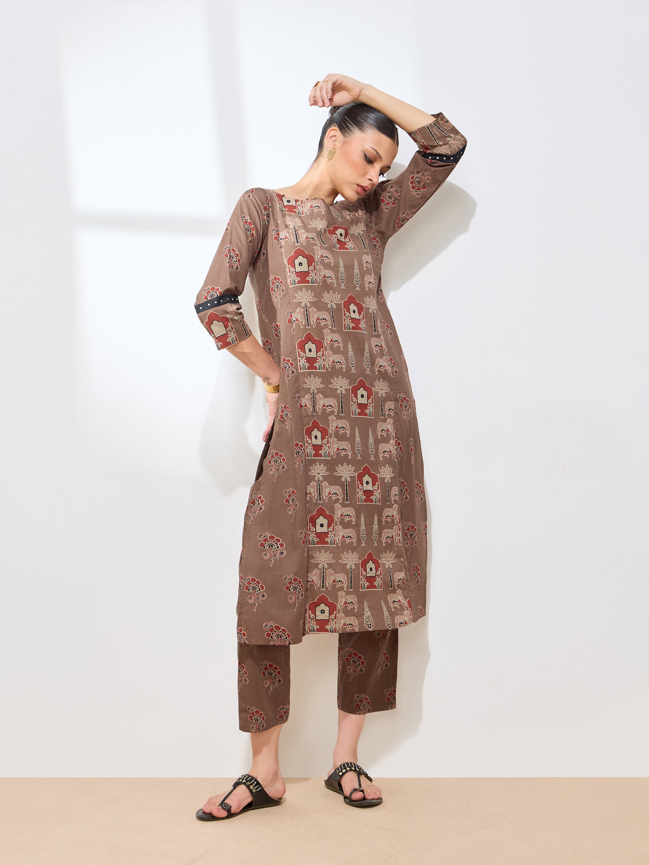 Classic Brown Cotton Handwork Floral Straight Kurta Kurta with Pant