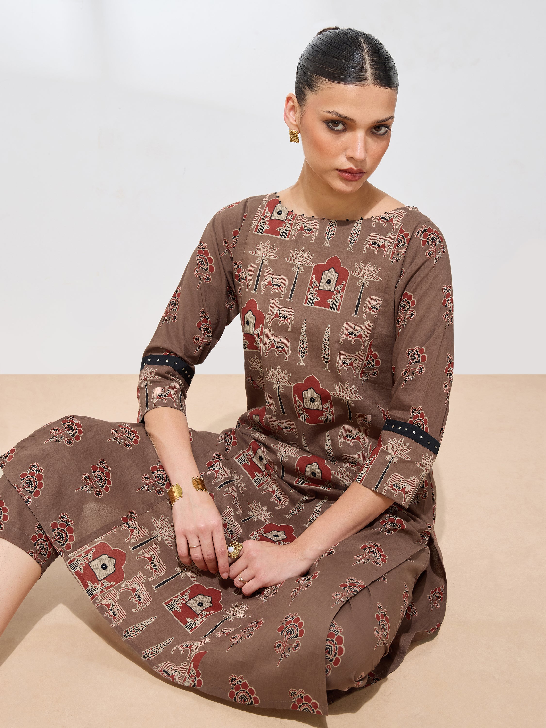 Classic Brown Cotton Handwork Floral Straight Kurta Kurta with Pant