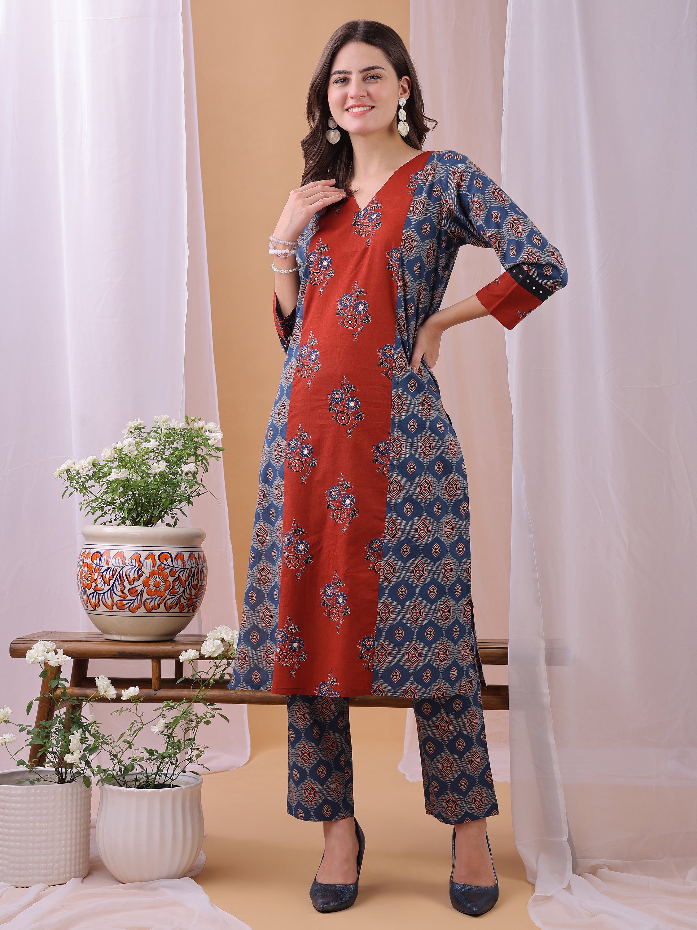 Blue Pure Cambric Cotton Printed Ajrakh Print Straight Kurta Kurta with Pant