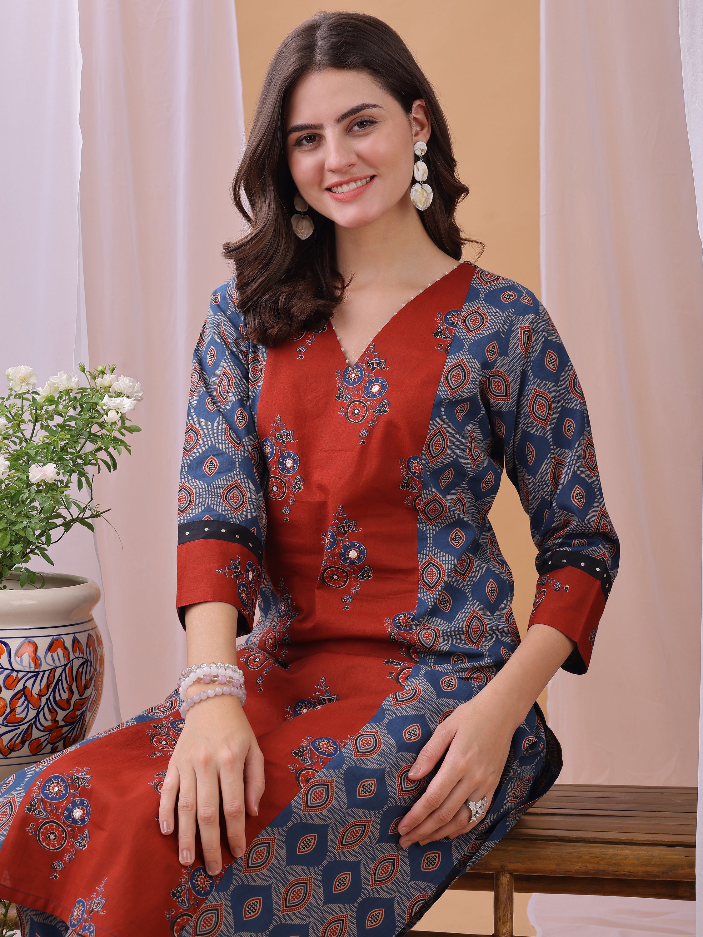 Blue Pure Cambric Cotton Printed Ajrakh Print Straight Kurta Kurta with Pant