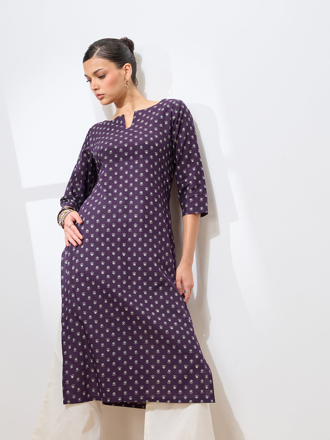 Graceful Violet Printed Floral Cotton Kurta