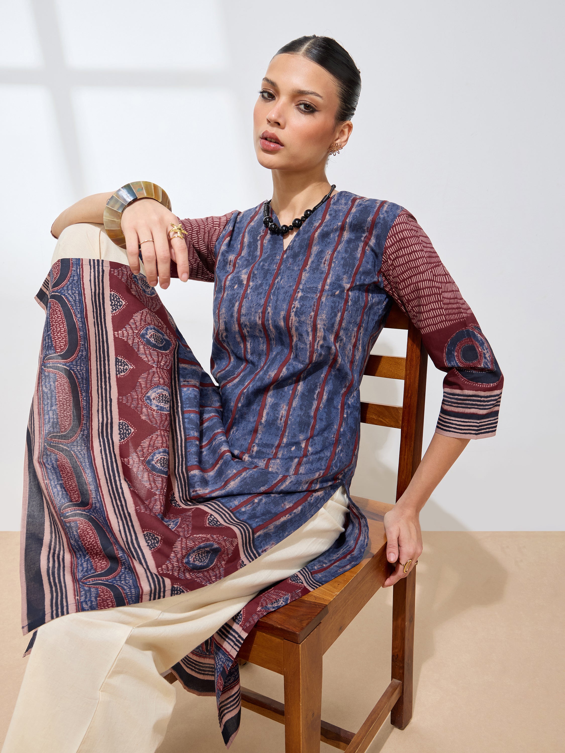 Graceful Blue Batki & ajrakh Printed Cotton Kurta