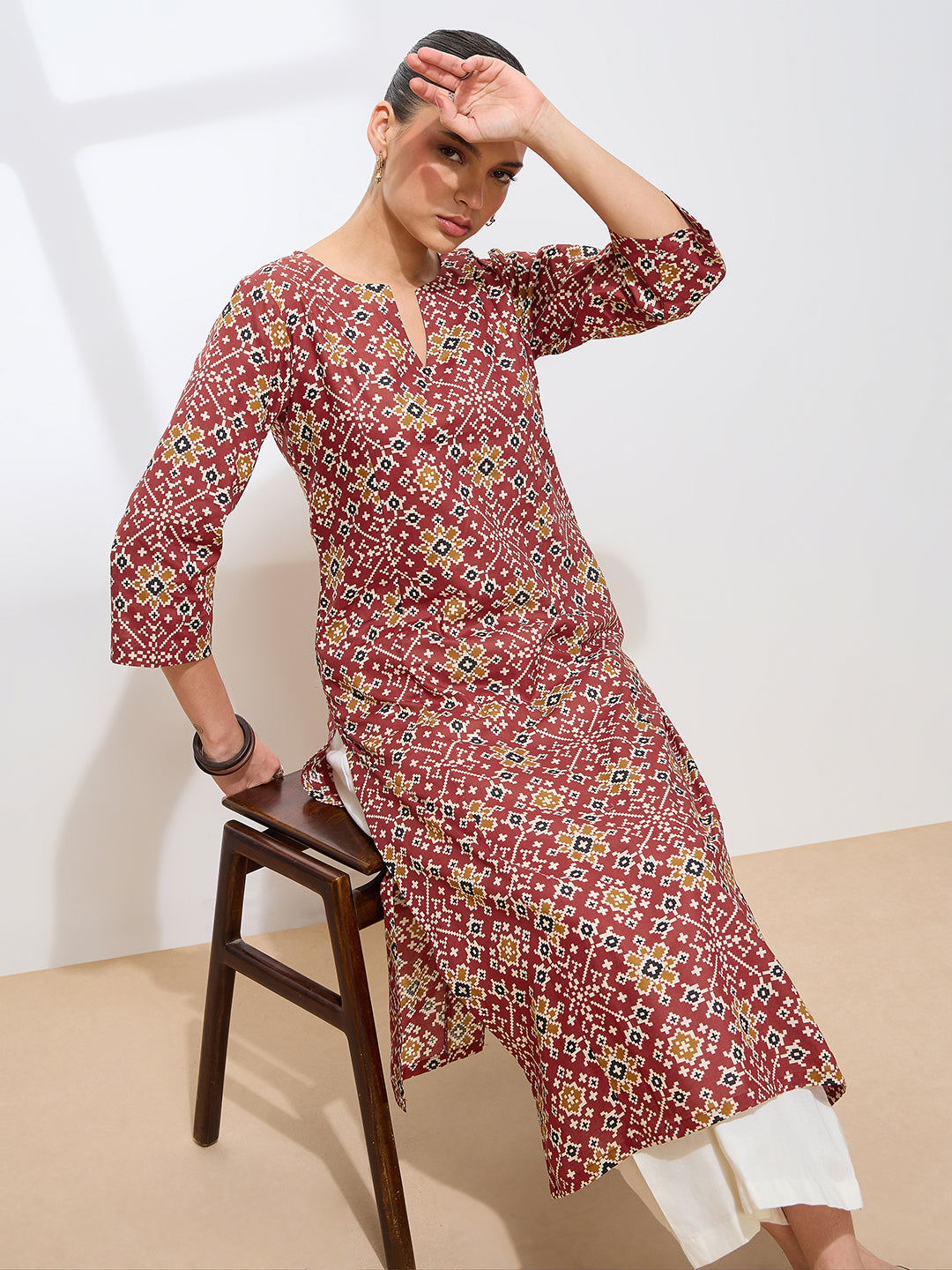 Graceful Maroon Printed Ikkat Cotton Kurta