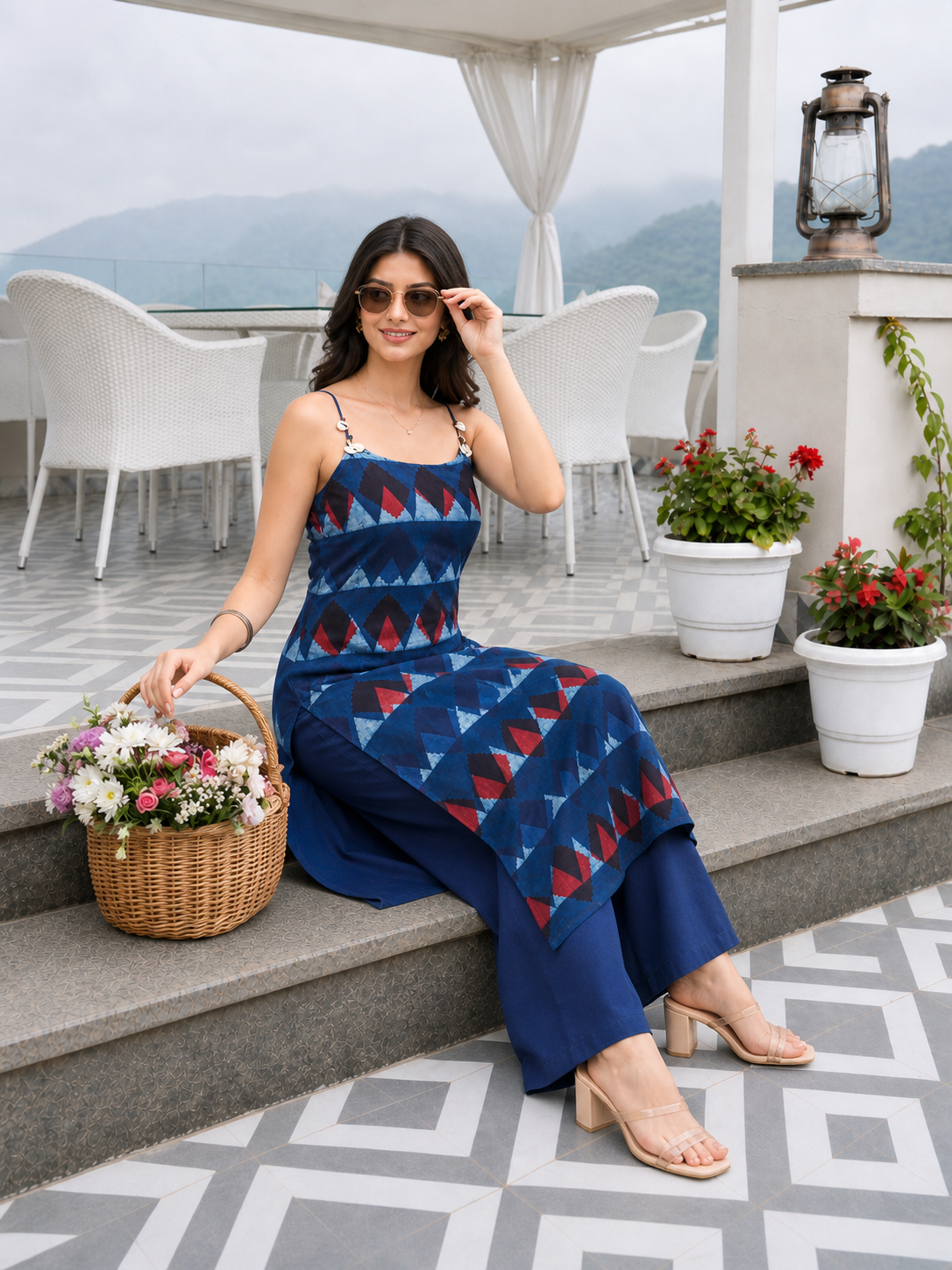Women’s Blue Printed Pure Cotton Straight Kurta with Strap|| Sleevless Kurta with Side Slite