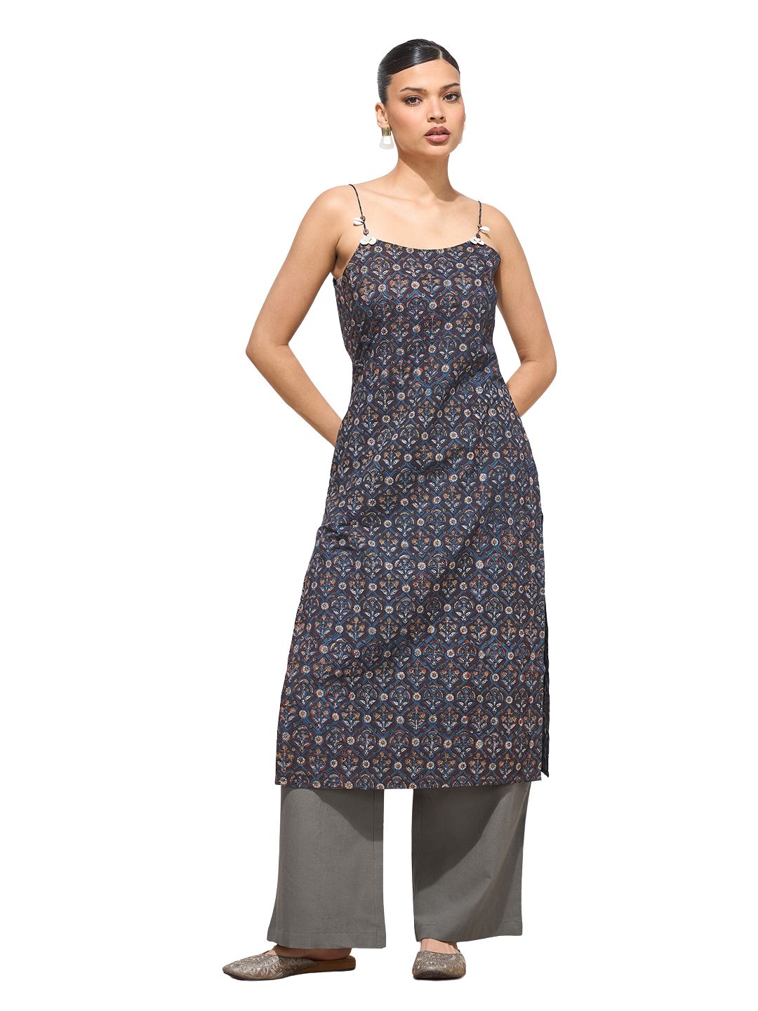 Women’s Brown Printed Pure Cotton Straight Kurta with Strap|| Sleevless Kurta with Side Slite