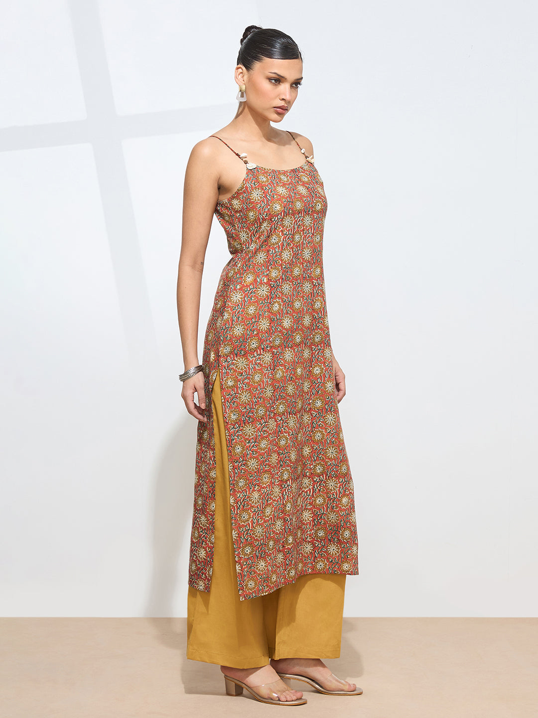 Women’s Red Printed Pure Cotton Straight Kurta with Strap|| Sleevless Kurta with Side Slite