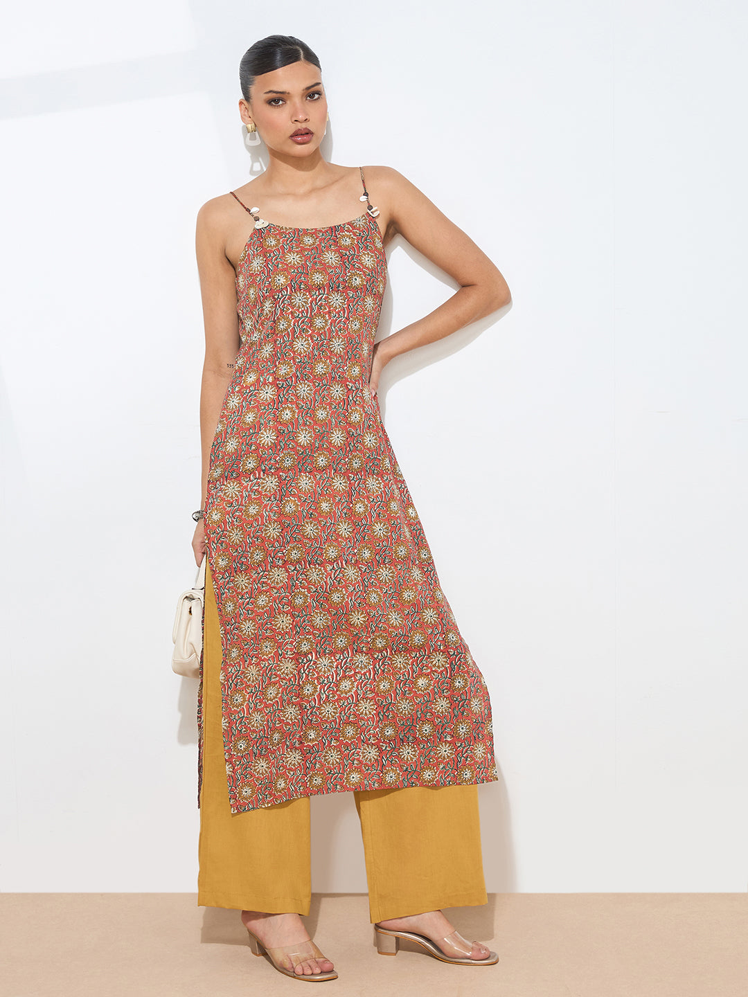 Women’s Red Printed Pure Cotton Straight Kurta with Strap|| Sleevless Kurta with Side Slite