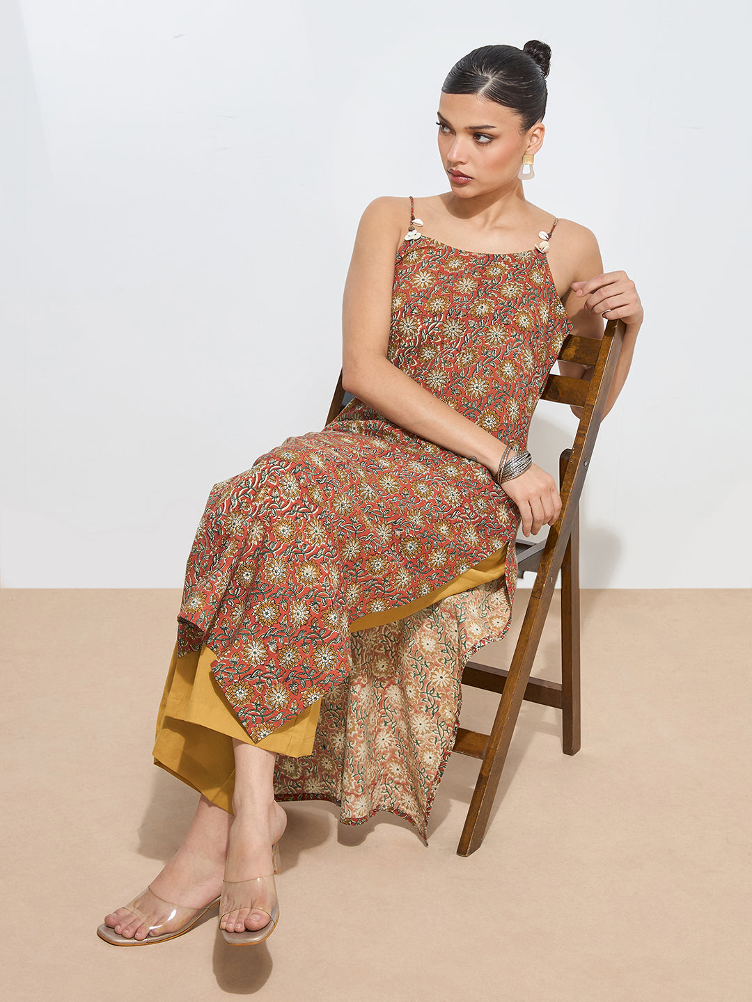 Women’s Red Printed Pure Cotton Straight Kurta with Strap|| Sleevless Kurta with Side Slite