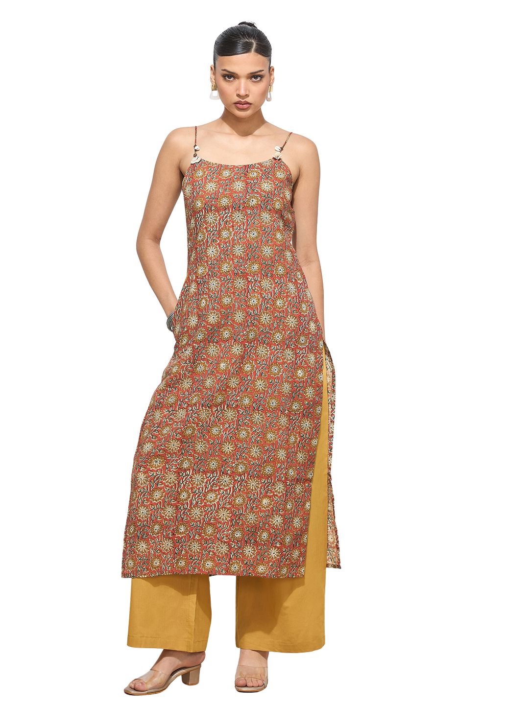 Women’s Red Printed Pure Cotton Straight Kurta with Strap|| Sleevless Kurta with Side Slite